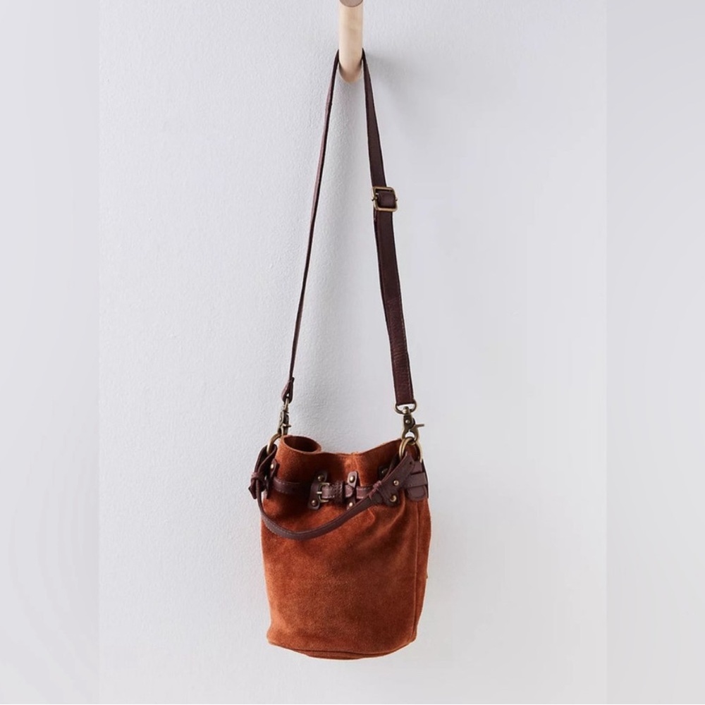 Free People Soren Bucket Bag, Brown Sienna Suede Crossbody Strap